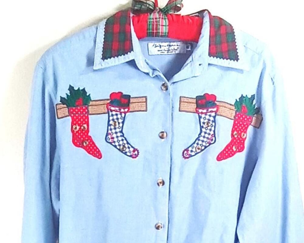 Vtg 90's Signature by Northern Isle Christmas Stocking Shirt Women's Size 10